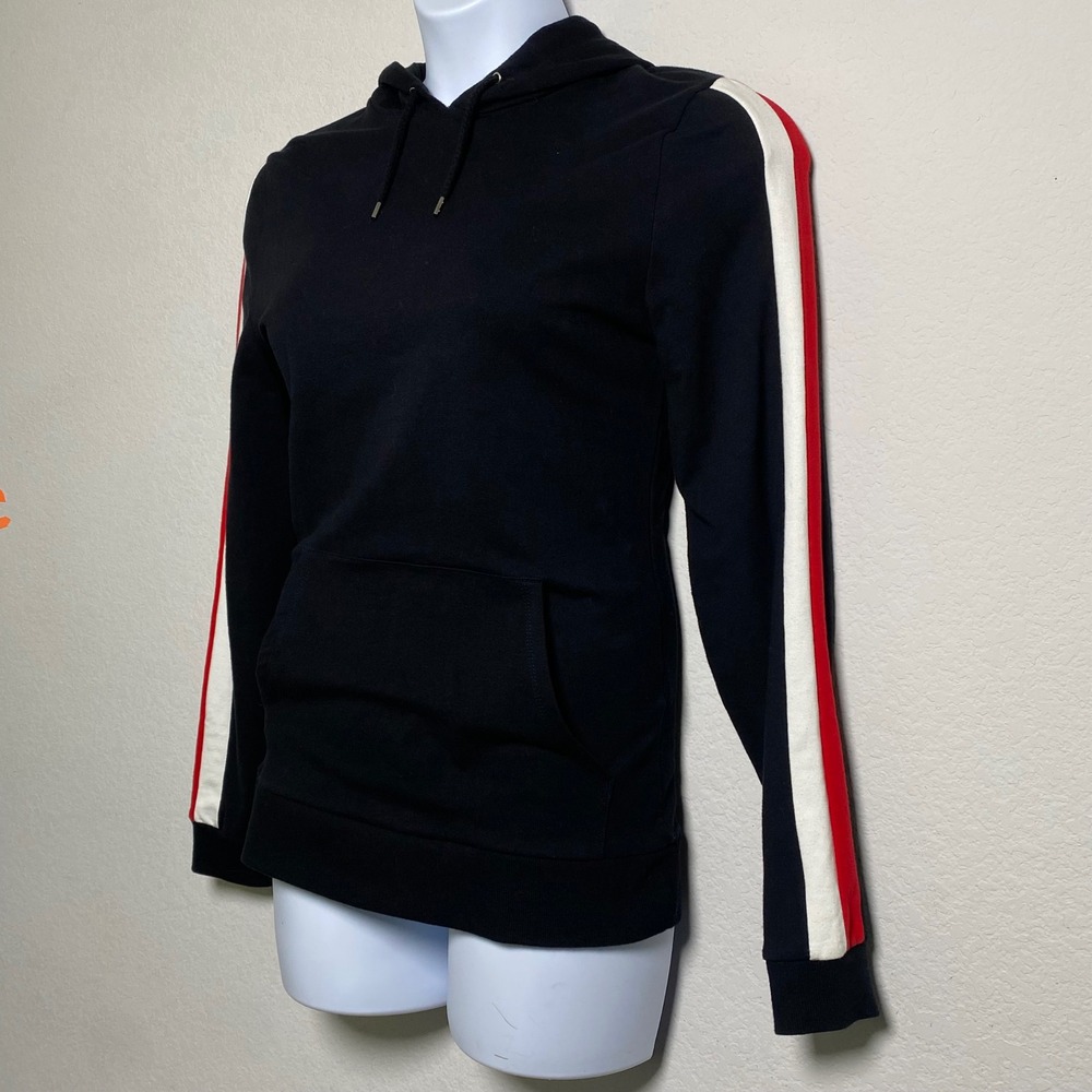 ASOS Womens Black Pullover Hoodie Red White Stripe Sleeves Athleisure Streetwear - Picture 2 of 9